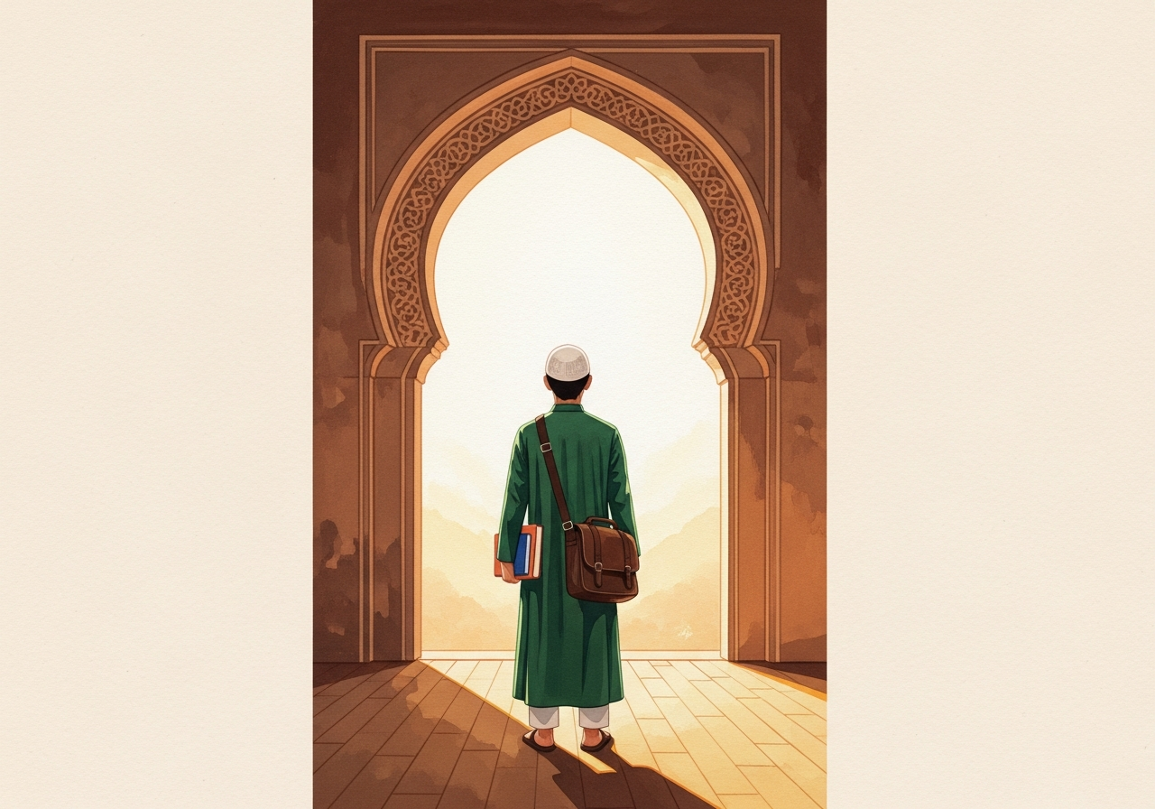 A Hikmah graduate standing at a threshold, looking out toward a bright horizon