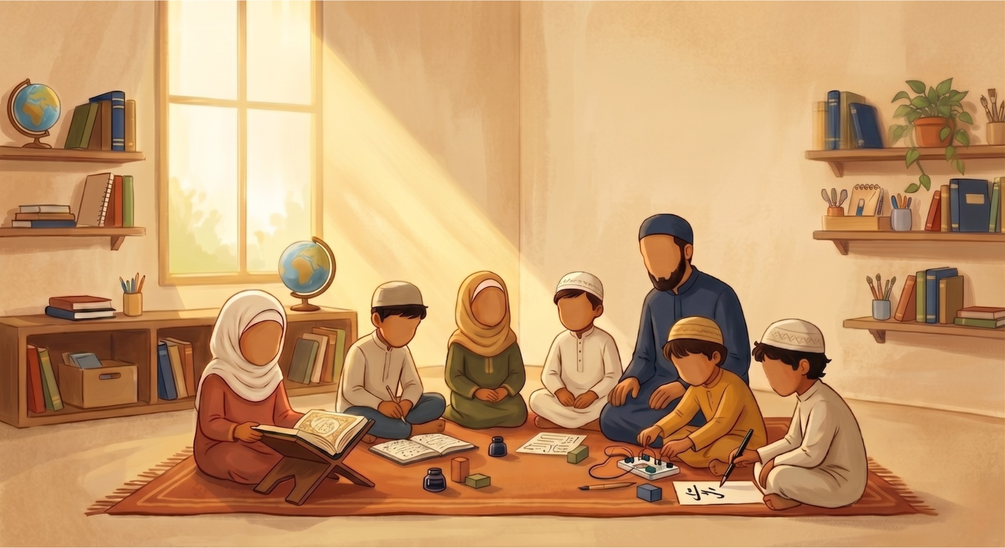 A teacher and children gathered on a rug — Qur'an, books, crafts, and an electronics project between them.