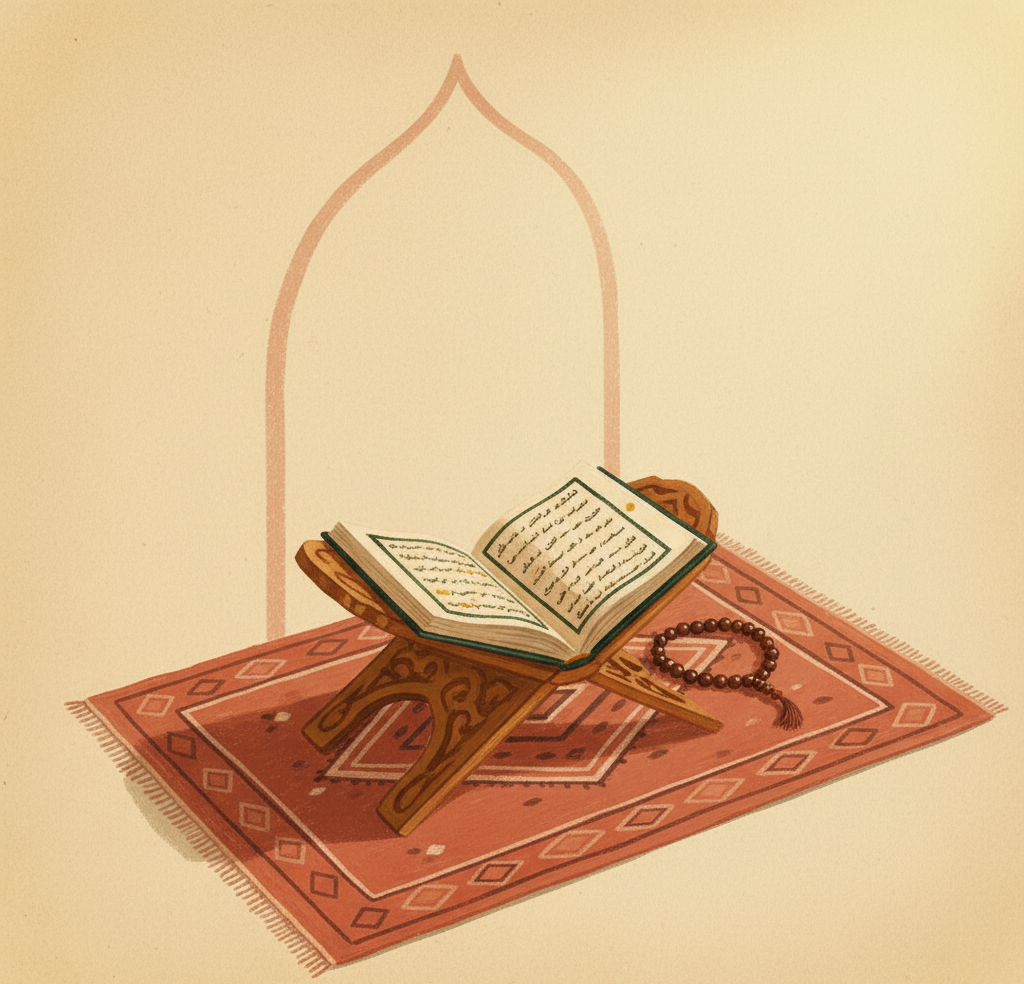 An open mushaf on a wooden rahle, prayer beads nearby